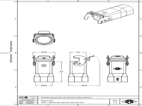 hood, size 21.21, CKA zinc, 1 rigid lever stainless steel, 1xM25 top