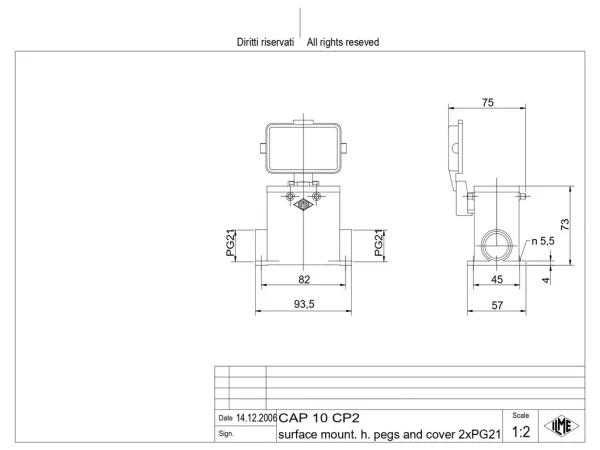 surface mounting housing, high, size 57.27, C-TYPE alu, 4 pegs, 2xPG21 side, cov.