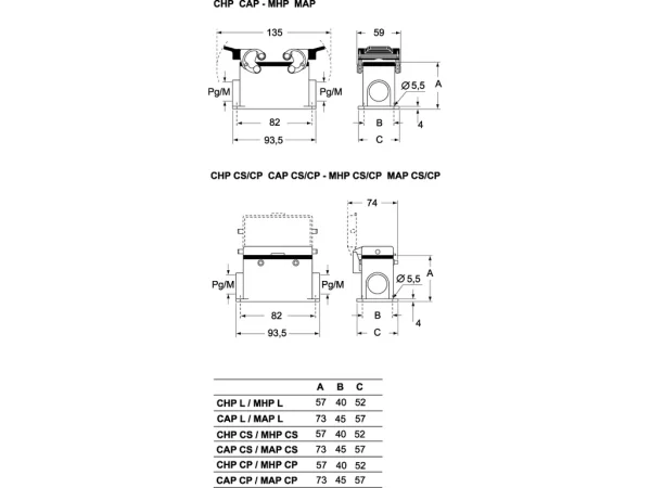 surface mounting housing, size 57.27, C-TYPE alu, 4 pegs, 2xM20 side, cover plastic