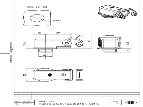bulkhead mounting housing, angled, size 21.21, CKA zinc, 1 lever stainless steel, 1xM20 external