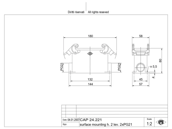 surface mounting housing, high, size 104.27, C-TYPE alu, 2 levers, 2xPG21 side