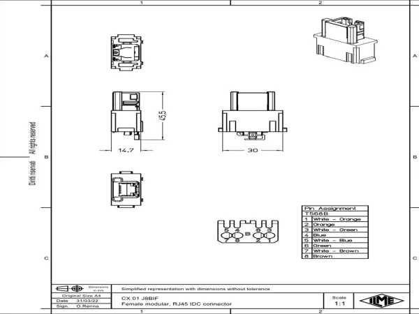 female insert, MIXO, 1MU, 8 - RJ45, RJ45 IDC, for configuration T568B