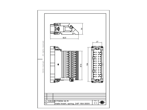 male insert, size 104.27, 24p+PE, silver, spring, 16A, 500V, right