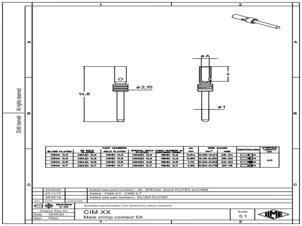 male contact, 0,52-0,75mm², gold HNM, crimp, 5A, series CI