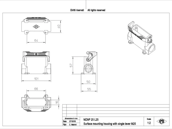 surface mounting housing, high, size 66.16, IL-BRID alu, 1 lever, 1xM25 side