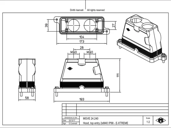 hood, size 104.27, IP68 E-Xtreme alu, screw locking, 2xM40 top