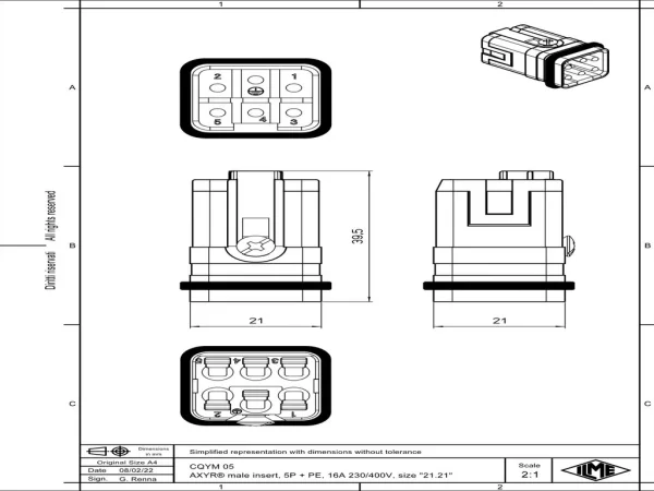 male insert, size 21.21, 5p+PE, AXYR® push-in connection, 16A, 230/400V