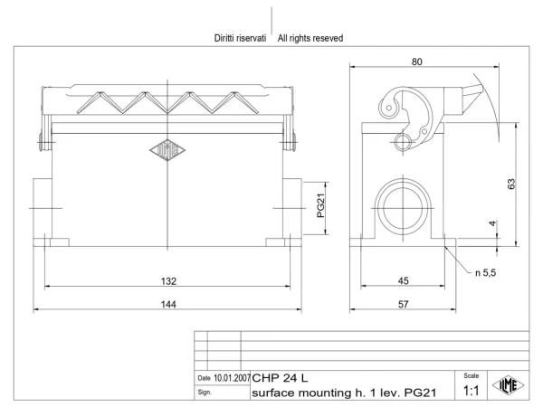 surface mounting housing, size 104.27, C-TYPE alu, 1 lever, 1xPG21 side