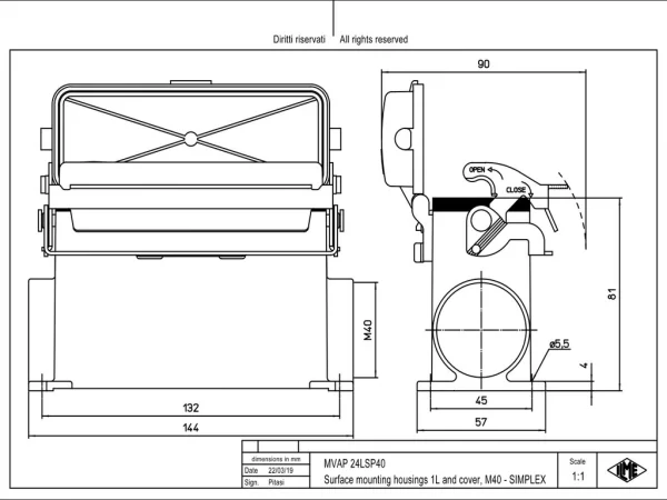 surface mount. hous., high, size 104.27, V-TYPE alu, 1 lever stainl. steel, 1xM40 side, spring cover