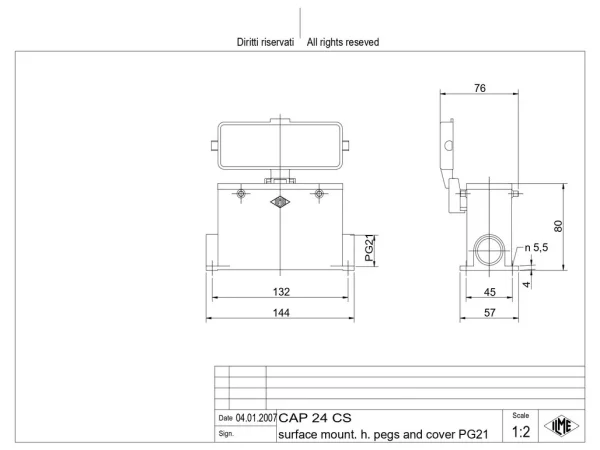 surface mounting housing, high, size 104.27, C-TYPE alu, 4 pegs, 1xPG21 side, cov.