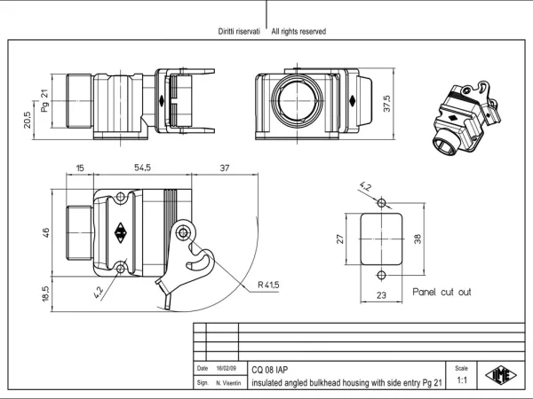 bulkhead mounting housing, angled, size 32.13, CQ plastic, 1 lever, 1xPG21 side