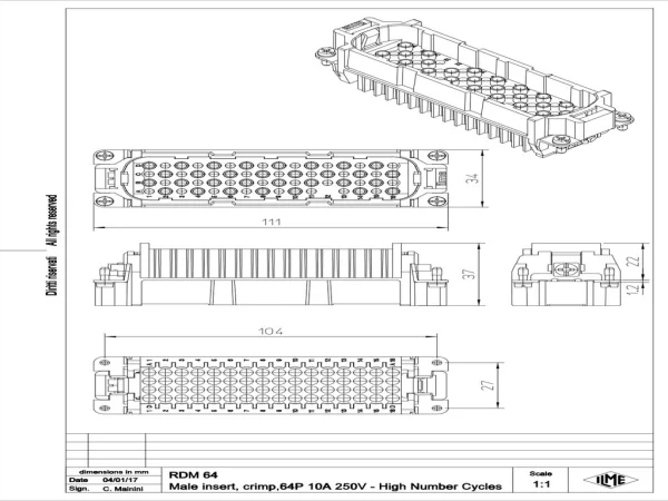 male insert, size 104.27, 64p+PE, crimp, 10A, 250V, HNM