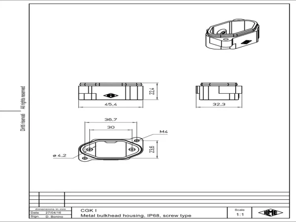 bulkhead mounting housing, size 21.21, IP68 alu, screw locking