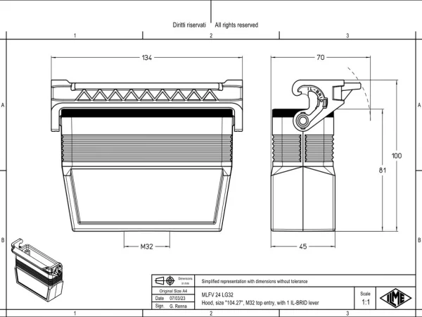 hood, size 104.27, IL-BRID stainless steel, 1 lever, 1xM32 top