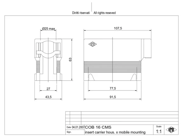 Insulating housing, size 77.27, COB plastic, 4 pegs, side cable entry with cable clamp, with strain relief