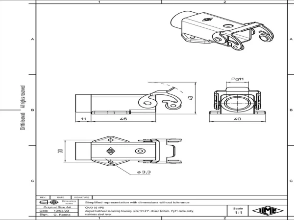 bulkhead mounting housing, angled, size 21.21, CKA zinc, 1 lever stainless steel, 1xPG11 side