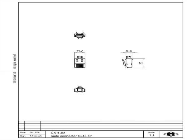 male contact, 4p+GND, crimp, 2,1A, 50V, RJ45