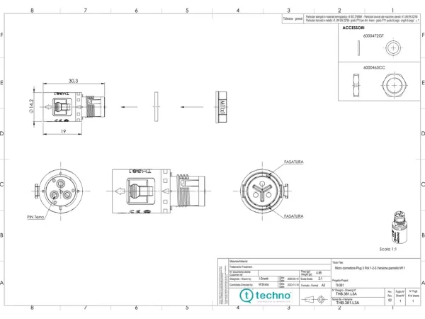 Micro plug connector panel-mounted screw M11