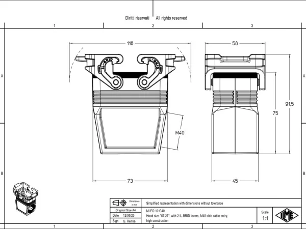 hood, size 57.27, IL-BRID stainless steel, 2 levers, 1xM40 side