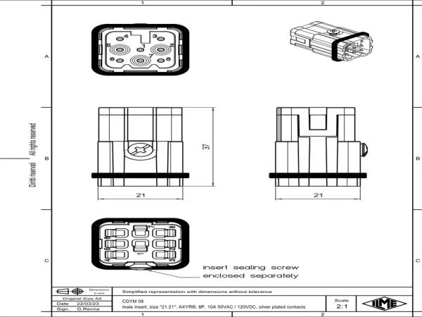 male insert, size 21.21, 8, AXYR® push-in connection, 10A, 50/120V