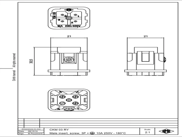 male insert, size 21.21, 3p+PE, silver, screw, 10A, 230/400V, 180°C