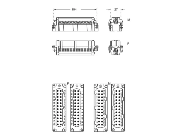 female insert, 24p+PE, silver, screw, 16A, 500V, for size 104.62 no.25-48, 180°C