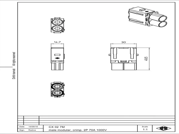 male insert, MIXO, 1MU, 2p, crimp, 70A, 1000V