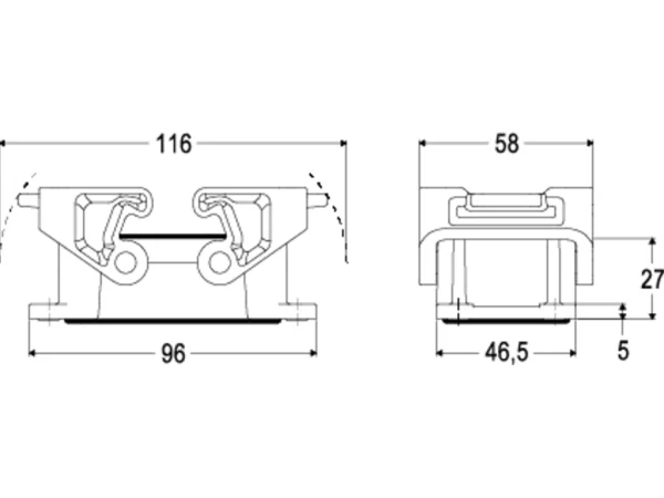 bulkhead mounting housing, size 57.27, T-TYPE /H plastic, 2 levers, PE-jumper