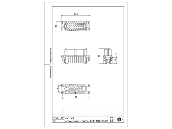 female insert, size 66.16, 25p+PE, crimp, 10A, 250V