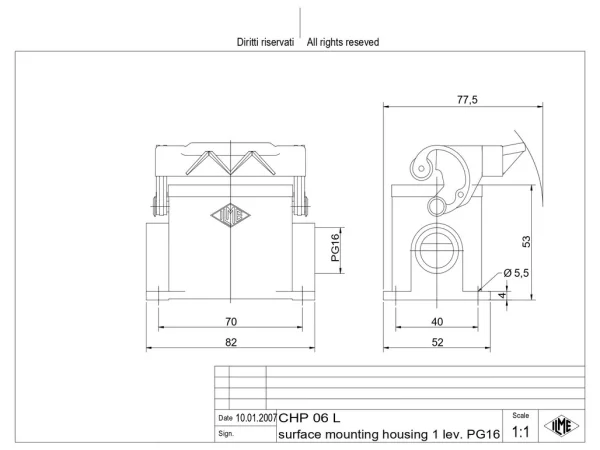 surface mounting housing, size 44.27, C-TYPE alu, 1 lever, 1xPG16 side