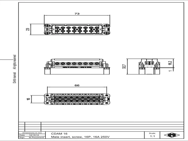 male insert, size 66.16, 16p+PE, silver, screw, 16A, 250V