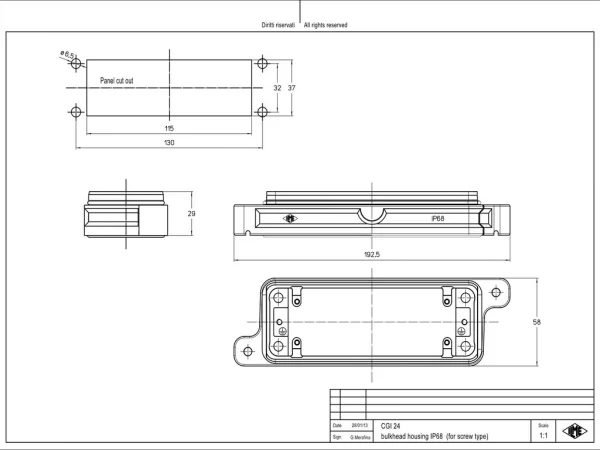 bulkhead mounting housing, size 104.27, IP68 alu, screw locking