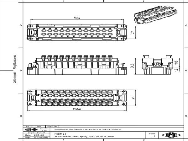 male insert, size 104.27, 24p+PE, SQUICH, 16A, 500V, HNM