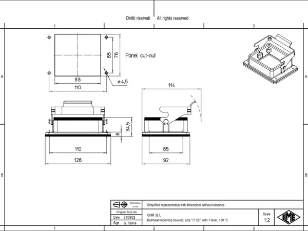 bulkhead mounting housing, size 77.62, 180 °C alu, 1 lever