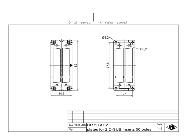 adapter plate, size 77.27, for 2xD-SUB 50p+GND