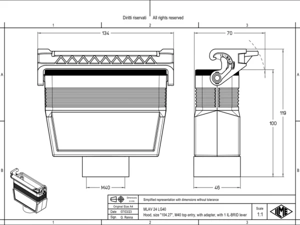 hood, size 104.27, IL-BRID stainless steel, 1 lever, 1xM40 top