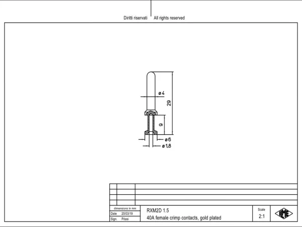 male contact, 1,5mm², gold HNM, crimp, 40A, series CX