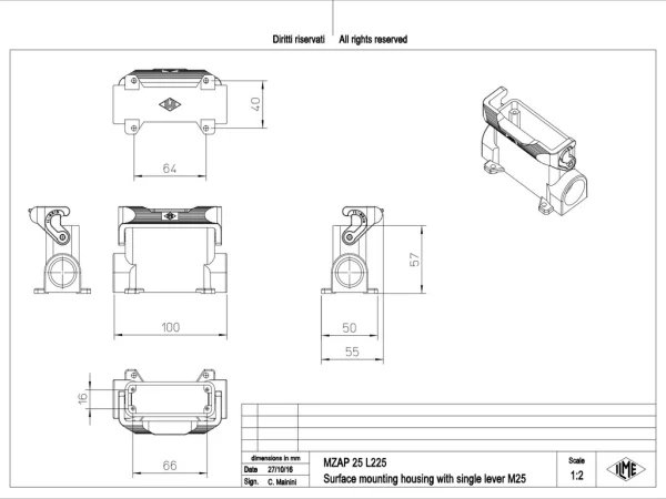 surface mounting housing, high, size 66.16, IL-BRID alu, 1 lever, 2xM25 side