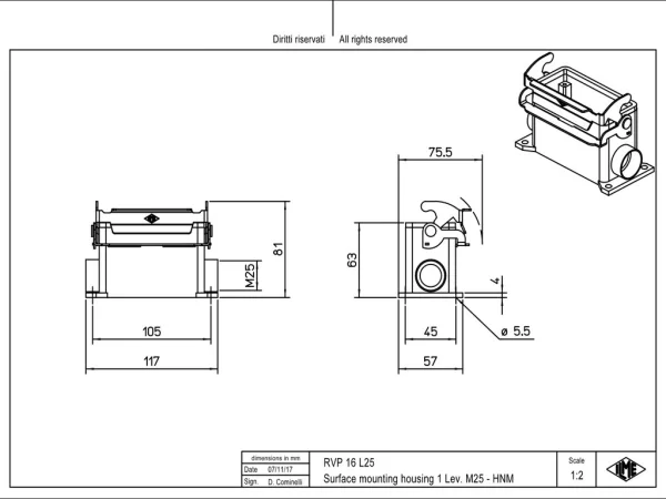 surface mounting housing, size 77.27, HNM alu, 1 lever, 1xM25 side