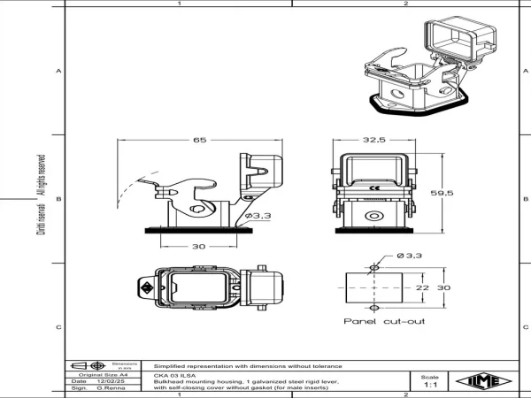 bulkhead mounting housing, size 21.21, CKA zinc, 1 lever steel, spring cover, for male inserts