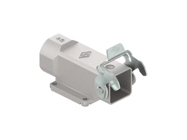 bulkhead mounting housing, angled, size 21.21, EMC zinc, 1 rigid lever, 1xM25 side