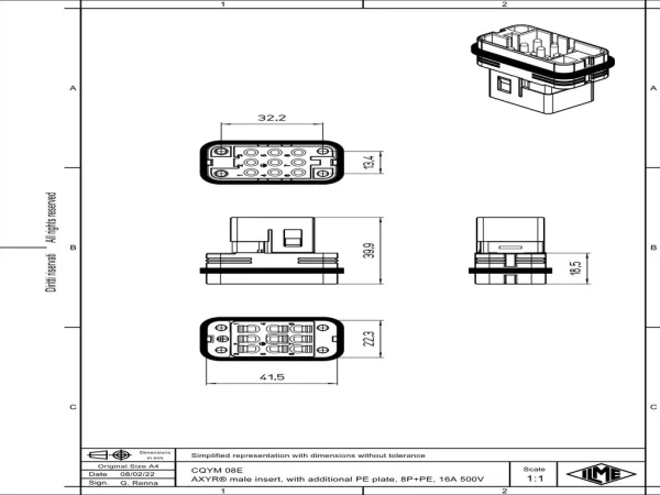 male insert, size 32.13, 8p+PE, AXYR® push-in connection, 16A, 500V