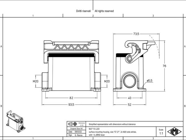 surface mounting housing, size 57.27, IL-BRID stainless steel, 1 lever, 2xM20 side