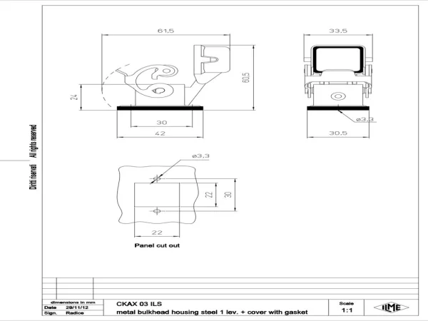 bulkhead mounting housing, size 21.21, CKA zinc, 1 lever stainless steel, spring cover, for female inserts