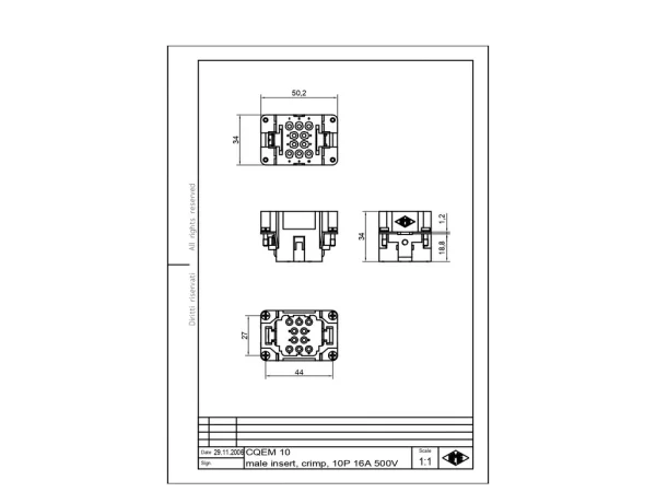 male insert, size 44.27, 10p+PE, crimp, 16A, 500V