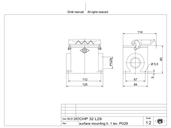 surface mounting housing, size 77.62, C-TYPE alu, 1 lever, 1xPG29 side