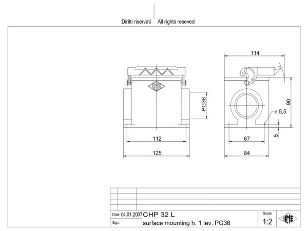 surface mounting housing, size 77.62, C-TYPE alu, 1 lever, 1xPG36 side