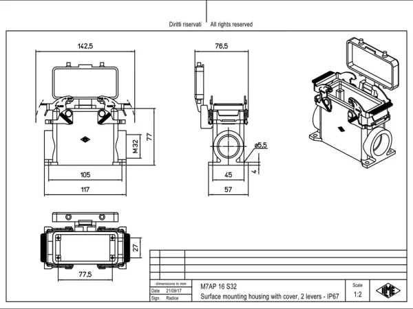 surface mounting housing, high, size 77.27, V-TYPE alu, 2 levers, 1xM32 side, cover metal