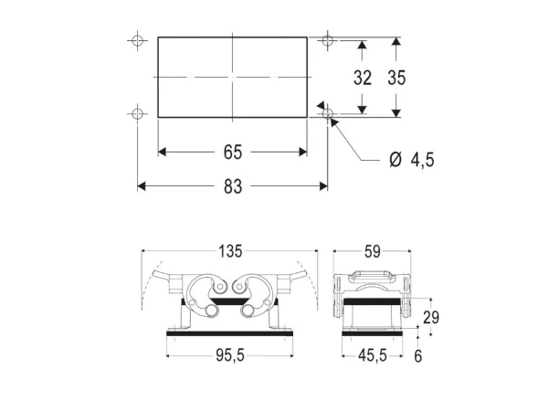 bulkhead mounting housing, size 57.27, C-TYPE alu, 4 pegs, cover plastic