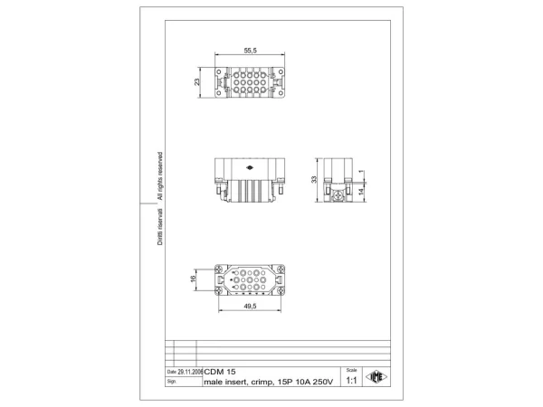male insert, size 49.16, 15p+PE, crimp, 10A, 250V